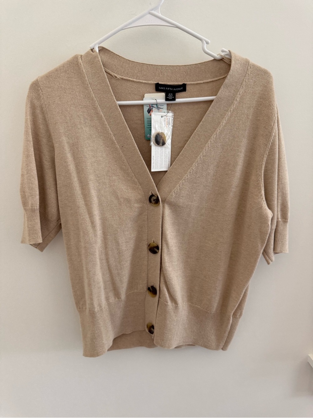 Saks Fifth Avenue Beige V-Neck Short-Sleeve Cardigan